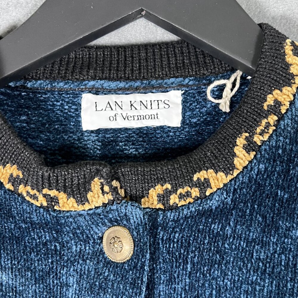 Lan Knits of Vermont Vintage Cardigan Blue Gold‎ Hand Loomed Old Money Small - Picture 5 of 8